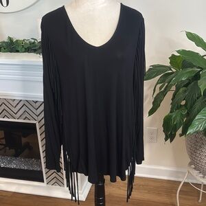 New Directions Black Long Sleeve Fringe Top